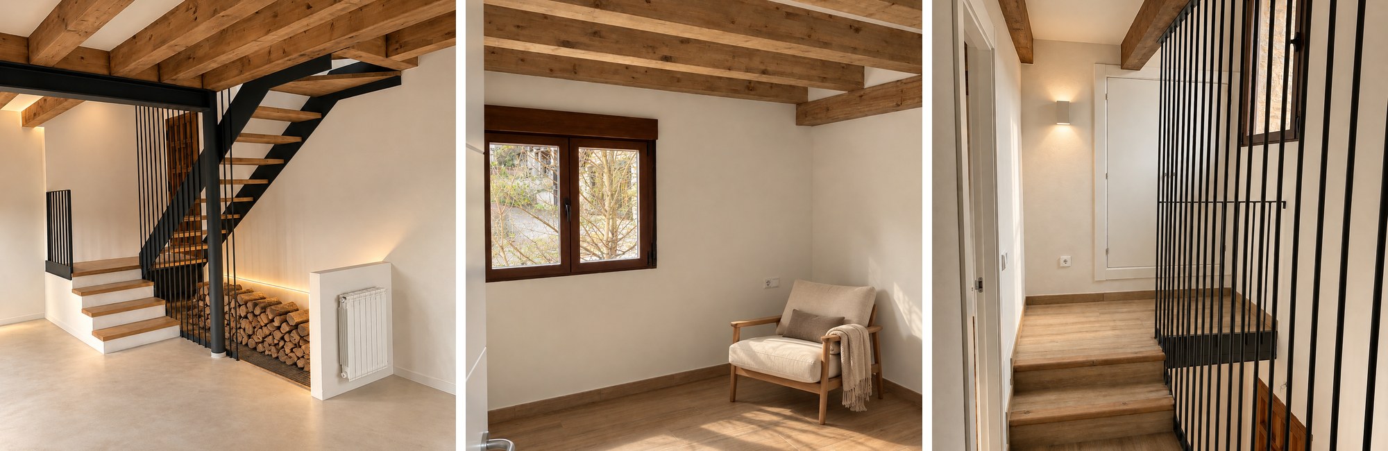 Escalera de acero negro con peldaños de madera y leñero iluminado, dormitorio con butaca y vigas de madera y distribuidor con barandilla de varillas – Erades Arquitectos