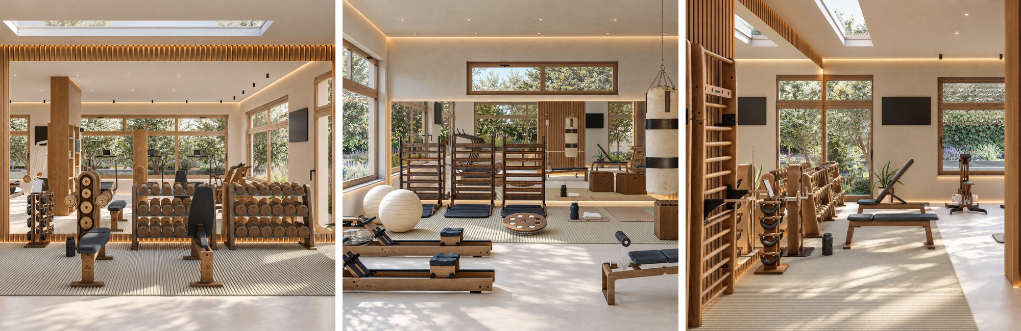R10, Madrid: zona de pesas, sala de remos y espalderas de madera del gimnasio – Erades Arquitectos