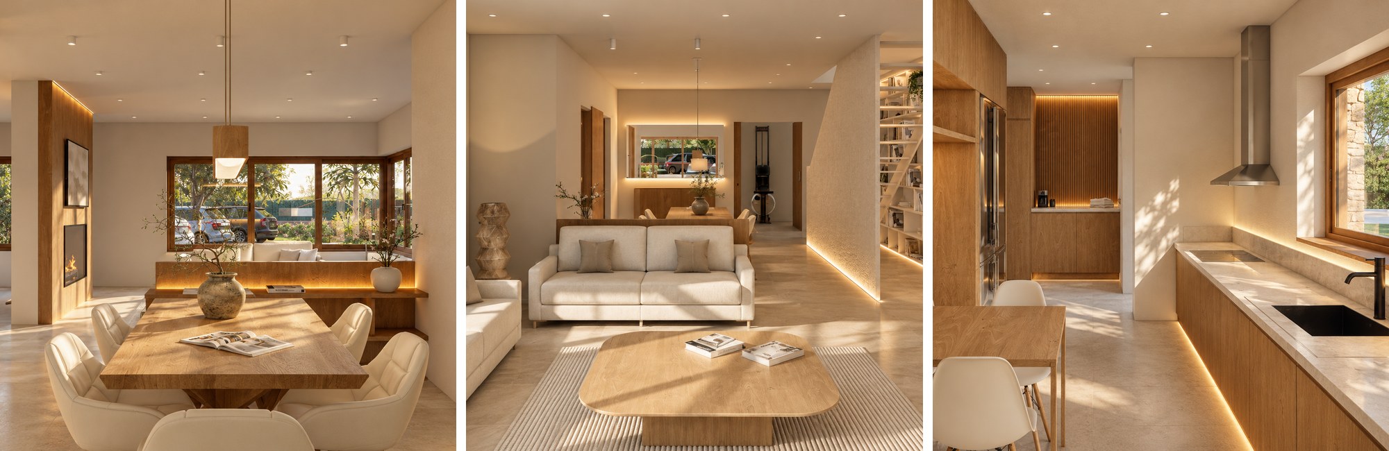 Interiorismo de vivienda unifamiliar: comedor con mesa de madera maciza, salón con sofás claros y chimenea, y cocina en madera de roble con iluminación LED – Erades Arquitectos